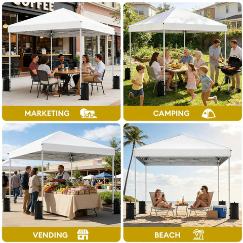 Instant 10x10 Pop Up Canopy Tent With Easy One Push Setup at cafe, picnic, farmers market, and beach, silver white.