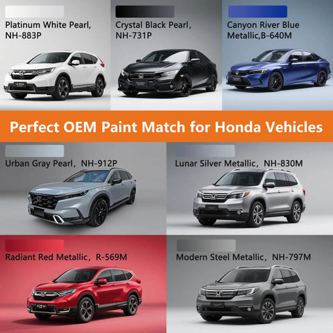 Honda vehicles displayed with color options including Modern Steel Metallic NH-797M for paint matching.