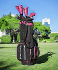 Women's Complete Golf Club Set With Stand Bag Right Handed 11 Piece Including Driver Wood Hybrid Irons Sand Wedge Putter And 3 Headcovers Lightweight Carbon Shafts For Easy Fatigue Free Swings And Best Bang For Your Buck Value.