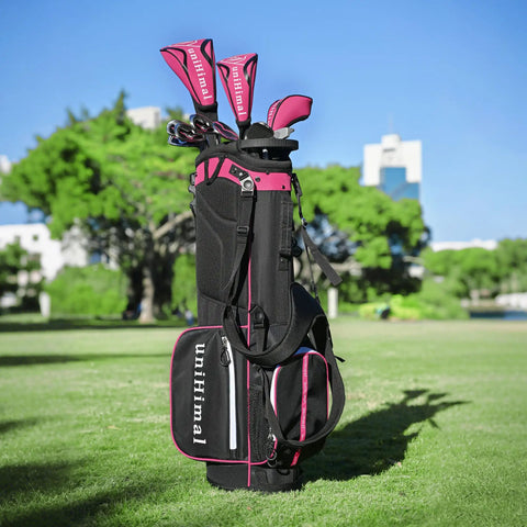 Women's Complete Golf Club Set With Stand Bag Right Handed 11 Piece Including Driver Wood Hybrid Irons Sand Wedge Putter And 3 Headcovers Lightweight Carbon Shafts For Easy Fatigue Free Swings And Best Bang For Your Buck Value.