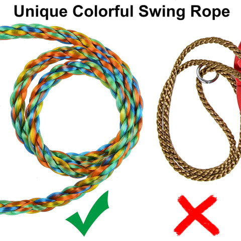 Colorful rainbow rope of 3 In 1 Kids Swing Set With Monkey Bars And Rainbow Rope, Adjustable Swing, showing rope material.