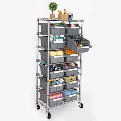 Heavy Duty NSF Bin Rack With Seven Tier Steel Wire Shelving And Twelve Removable Gray Bins For Garage, Warehouse, Office, Restaurant Or Classroom Storage, Built Tough, Easy Access And Super Organized, 25W X 14.25D X 56H