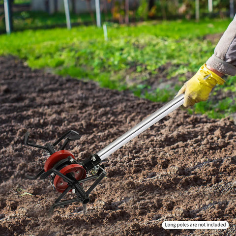 Person using All Purpose Cultivator Garden Tool Workhorse with 6 Claw Wheel 2 In 1 Weeder and Soil Aerator in home garden soil