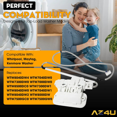 Washer Door Lock Latch Switch Replacement for Cabrio and Top Load Washers compatible with Maytag Kenmore models shown with family.