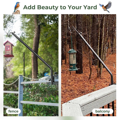 Dang Sturdy Telescoping Deck Rail Hook Adjustable From Twenty Seven To Thirty Nine Inches Quick Snap Clamp Mount holding bird feeder and lantern.