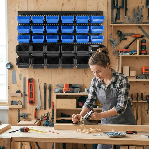 Rock Solid Heavy Duty Wall Mount Tool Organizer Rack With Thirty Spacious Compartments for garage storage with blue and black bins.