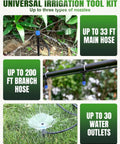 Long Reach Drip Irrigation System Kit With 6 Way Connectors, close-up of hoses and nozzles for greenhouses, yards.