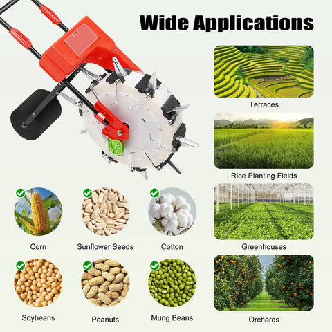 Hand Push Seeder With Equidistant Nozzles For Quantitative Sowing displayed with crop examples and application areas.