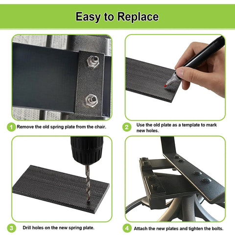Four Pack Patio Rocking Chair Spring Plates Replacement Parts Heavy Duty Fiberglass Glides installation steps on a chair.