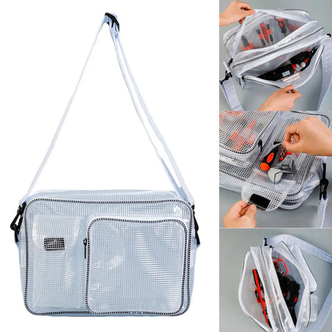 Solid Clear Crossbody Tool Bag For Cleanroom Engineers Slick Transparent Shoulder Pouch showing internal tools and easy access.