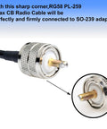 Close-up of RG58 Coax Cable 3Foot PL259 Male To Male UHF Antenna Wire brass connector for CB radio rig setup.