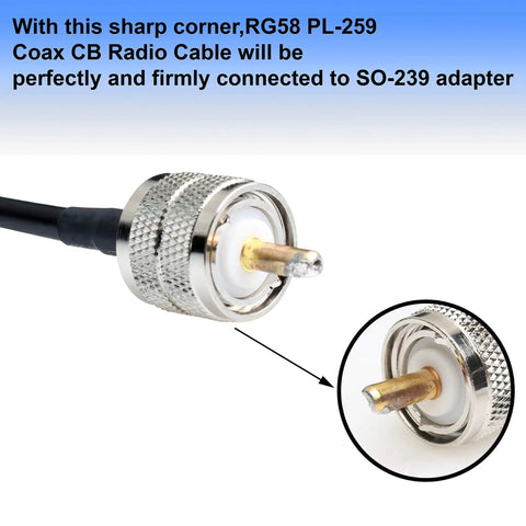 Close-up of RG58 Coax Cable 3Foot PL259 Male To Male UHF Antenna Wire brass connector for CB radio rig setup.