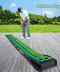 Golfer using Indoor Golf Putting Mat With Auto Ball Return And Extended Rail Realistic Simulation Grass For Home Office Practice Great Gift For Golfers Who Love Golf And Mini Golf Set Accessories outdoors