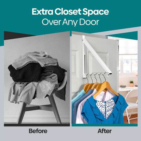 Comparison of laundry pile on chair vs. organized clothes on Over The Door Hanger Rack, Foldable Closet Organizer for Clothes And Towels.