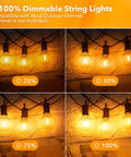 Connectable Outdoor String Lights With G40 Globe Plastic LEDs showing dimmable brightness from 25 to 100 percent.