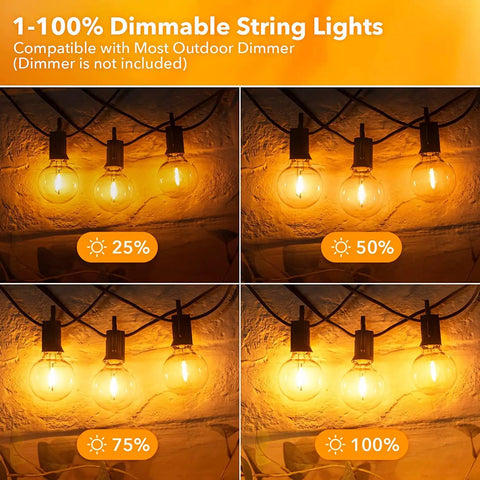 Connectable Outdoor String Lights With G40 Globe Plastic LEDs showing dimmable brightness from 25 to 100 percent.