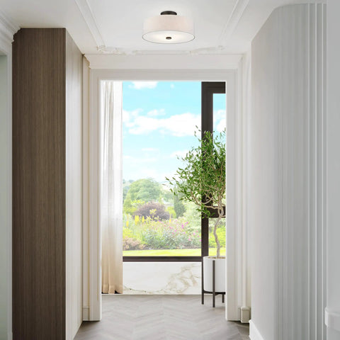 Meridian Collection 3 Light Semi Flush Mount Ceiling Fixture With Oatmeal Fabric Drum Shade And Satin White Diffuser In English Bronze Finish, Built Tough Steel For A Modern Vibe In Living Room, Hallway Or Bedroom.