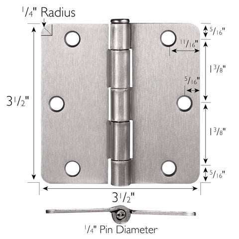 10 Pack Interior Door Hinges 3.5 Inch Square Satin Nickel One Quarter Inch Radius Steel Door Hardware Pre Lubricated To Prevent Squeaks Water Resistant For Left Or Right Handed Doors with dimensions