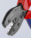 Close-up of Preciforce Crimp Lever Pliers For Insulated And Non-Insulated Ferrules, 5 Crimp Positions, labeled with specifications.