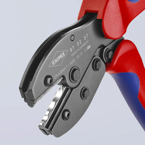Close-up of Preciforce Crimp Lever Pliers For Insulated And Non-Insulated Ferrules, 5 Crimp Positions, labeled with specifications.