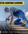 Worker installing metal roof with Red Hex Head Self Drilling Roofing Screws For Wood And Sheet Metal, 200 Piece Set, No 10 X 2 Inches