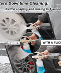 Foam Cannon For Pressure Washer With Dual Connector Car Wash Soap Attachment Snow Foam Thick Foam And High Pressure Rinse Stainless Steel Filter 5 Nozzle Tips With Holder in use on car wheel