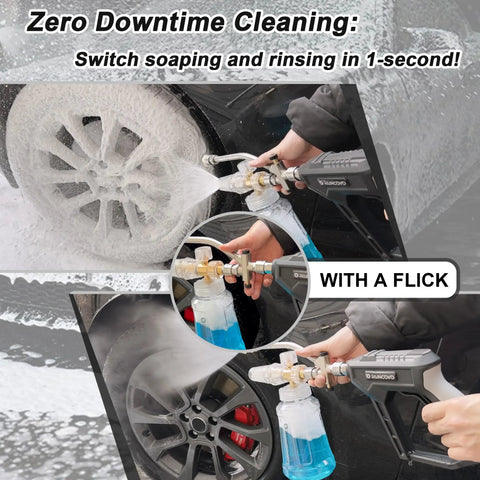 Foam Cannon For Pressure Washer With Dual Connector Car Wash Soap Attachment Snow Foam Thick Foam And High Pressure Rinse Stainless Steel Filter 5 Nozzle Tips With Holder in use on car wheel