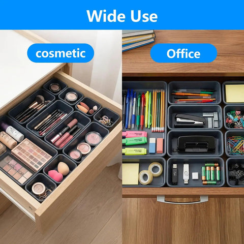 Drawers organized with 50 Piece Toolbox Organizer Set With Five Sizes For Drawer, Rolling Tool Chest Or Workbench Storage, Handy Bins.