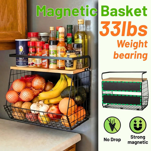 Magnetic Fridge Shelf With Wood Lid Durable Fruit Potato And Onion Storage Bins Pantry Organizer For Refrigerator Kitchen Counter And Cabinet Large Magnetic Spice Rack For Easy Refrigerator Organization attached to side of fridge with fruits and spices.