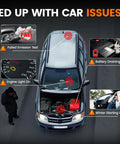 Top view of car with highlighted issues for engine light, battery tester, and 2-In-1 OBD2 Scanner And Battery Tester.
