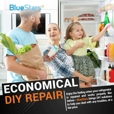 Family in kitchen with refrigerator showcasing DIY repair benefits. Fridge Dispenser Overflow Grille Replacement For Whirlpool Kenmore.