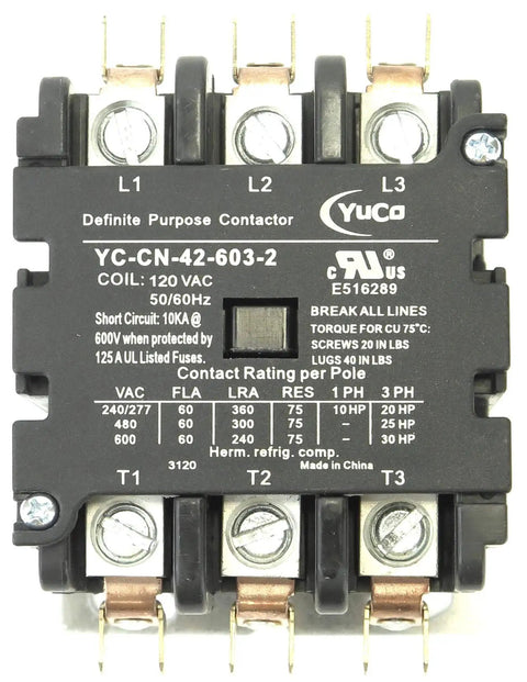 Heavy Duty 3 Pole 60 Amp Definite Purpose Contactor With 120V Coil, front view, industrial control component.