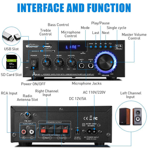 AK45 Pro Amplifier with Bluetooth 5.0 and 400W power, featuring USB SD RCA inputs and dual mic jacks, front view with controls.