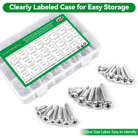 Beefy 429 Piece Wood Screw Kit Self Tapping Set In 304 Stainless Steel, labeled case with screws displayed