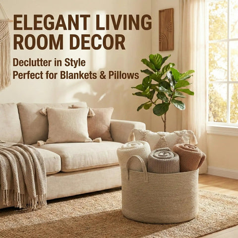Extra Large Cotton Rope Blanket Basket With Deep Stitched Walls Big Ass 65L Capacity Machine Washable Throw Holder For Couch TV Stand Cozy Corner Fixer Roommate Favorite Stash Spot No Sweat Cleanup Top Tier Game Changer