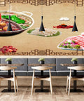 High Definition 3D Wall Covering Showcasing A Flavorful Meat Herb Roll Spice Print in a cafe interior with a 17x16 ft mural.