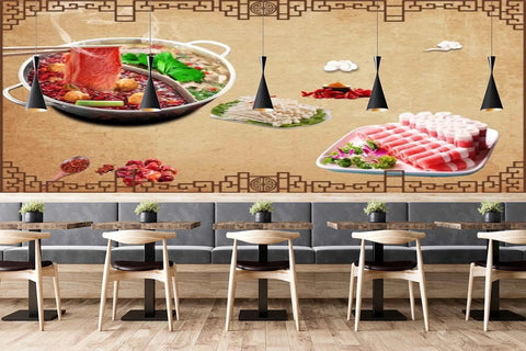 High Definition 3D Wall Covering Showcasing A Flavorful Meat Herb Roll Spice Print in a cafe interior with a 17x16 ft mural.