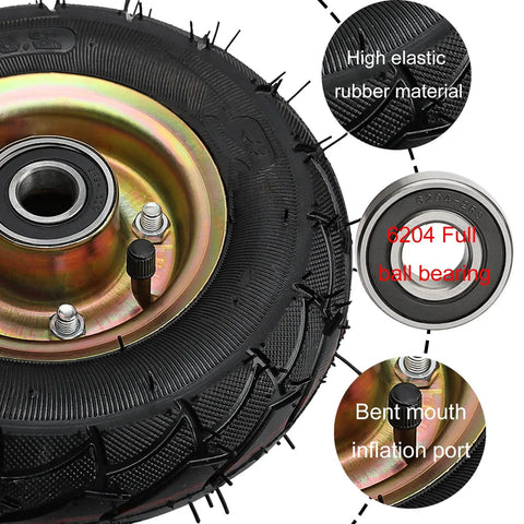 Heavy Duty Pneumatic Caster Wheels Set Of 4 With Brake And Swivel Options 10 Inch rubber tire showing steel hub and full ball bearing.