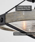 Close-up of Valencia 16 Inch Three Light Modern Farmhouse Semi Flush Ceiling Light With Textured Glass Shade In Black And Gray Oak Finish