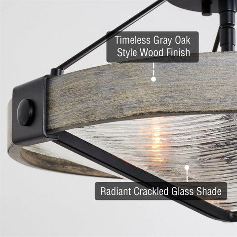 Close-up of Valencia 16 Inch Three Light Modern Farmhouse Semi Flush Ceiling Light With Textured Glass Shade In Black And Gray Oak Finish