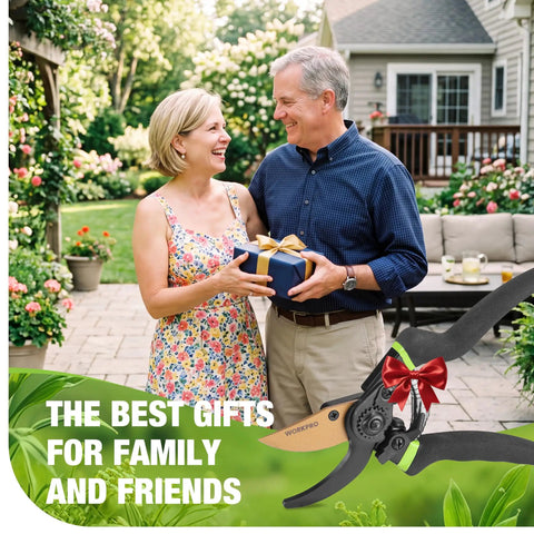 Effortless 8.5 Inch Bypass Pruning Shears With Die Cast Aluminum Handle, Sharp SK5 Blade, gift-wrapped with bow.