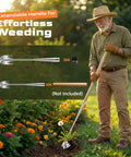 Heavy Duty Weed Puller With Extendable Handle For Deep Root Removal In The Garden Stainless Steel Weeding Tool For Vegetables Portable Backyard And Farm Weed Control No Nonsense Quality in use by a man in a garden next to instructional insert.