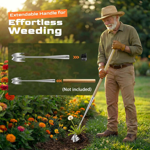Heavy Duty Weed Puller With Extendable Handle For Deep Root Removal In The Garden Stainless Steel Weeding Tool For Vegetables Portable Backyard And Farm Weed Control No Nonsense Quality in use by a man in a garden next to instructional insert.