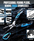 Professional fishing pliers with hook sharpener, dull hook points, and lock safe feature on rocky surface.