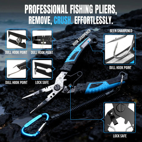 Professional fishing pliers with hook sharpener, dull hook points, and lock safe feature on rocky surface.