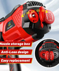 Cordless Battery Powered Paint Sprayer with LED Lights showing nozzle storage, anti-loss design, and easy replacement features.