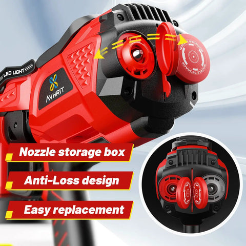 Cordless Battery Powered Paint Sprayer with LED Lights showing nozzle storage, anti-loss design, and easy replacement features.