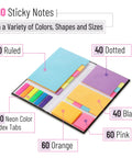 Neon Sticky Notes Set 410 Pack With 150 Neon Index Tabs in various colors, including ruled, dotted, and blank notes, open display.