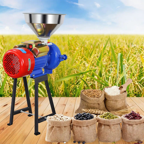 High Power 3000W Electric Grain Grinder Mill for dry cereals and grains with funnel, standing on wooden floor near bags of grains