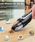 Person using Ultra Lightweight Cordless Handheld Vacuum for Car and Home, 14000Pa suction, on wooden surface to clean mess.